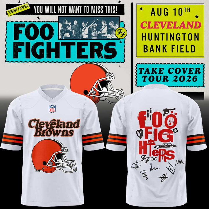 02.41. White Football Jersey Cleveland Browns x Foo Fighters - Take Cover Tour 2026 Football Jersey