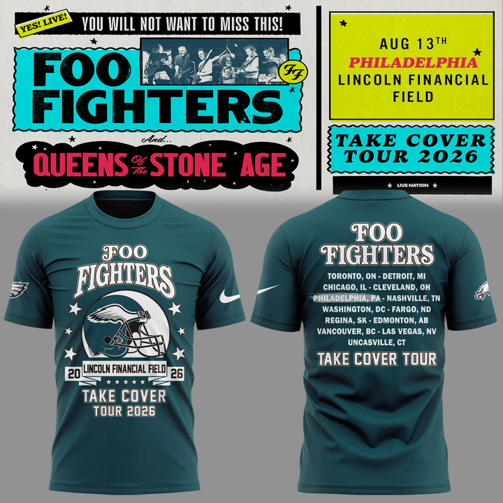 02.23. Perfect Shirt Foo Fighters x Philadelphia Eagles - Take Cover Tour 2026 T-Shirt