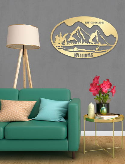 Custom Metal Family Name Sign, Mountain Last Name, Large Metal Wall Art, Home Decoration, Wedding Gift, Farmhouse Decor,  Gift