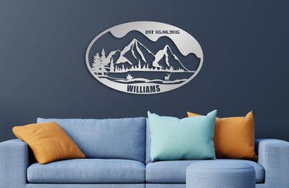 Deers and Mountain Metal Family Name Sign - Custom Metal Wall Art, Unique Home Decor, PWedding Gift for Couples, Rustic and Nature-Inspired