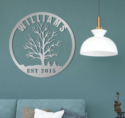 Personalized Family Name Metal Sign - Tree of Life Round Wall Art with EST Year, Custom Last Name Outdoor / Indoor Housewarming Wedding Gift