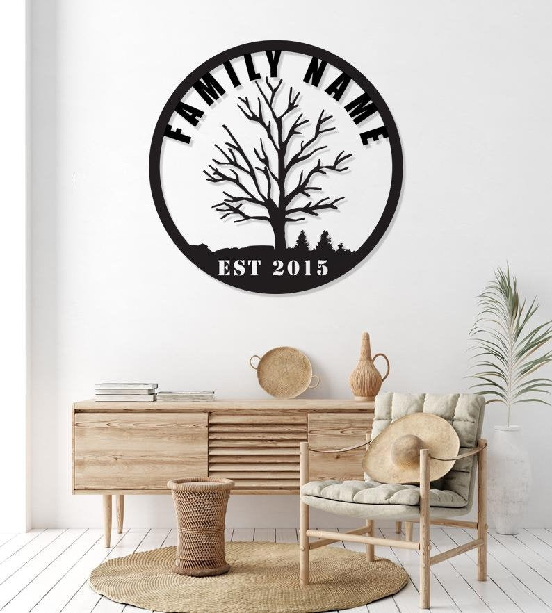 Personalized Family Name Metal Sign - Tree of Life Round Wall Art with EST Year, Custom Last Name Outdoor / Indoor Housewarming Wedding Gift