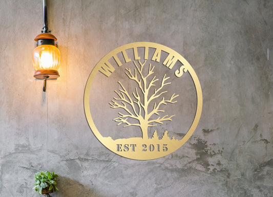Personalized Family Name Metal Sign - Tree of Life Round Wall Art with EST Year, Custom Last Name Outdoor / Indoor Housewarming Wedding Gift