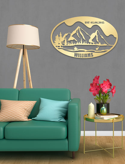 Deers and Mountain Metal Family Name Sign - Custom Metal Wall Art, Unique Home Decor, PWedding Gift for Couples, Rustic and Nature-Inspired