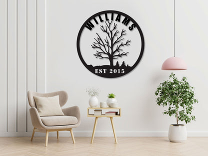 Personalized Family Name Metal Sign - Tree of Life Round Wall Art with EST Year, Custom Last Name Outdoor / Indoor Housewarming Wedding Gift