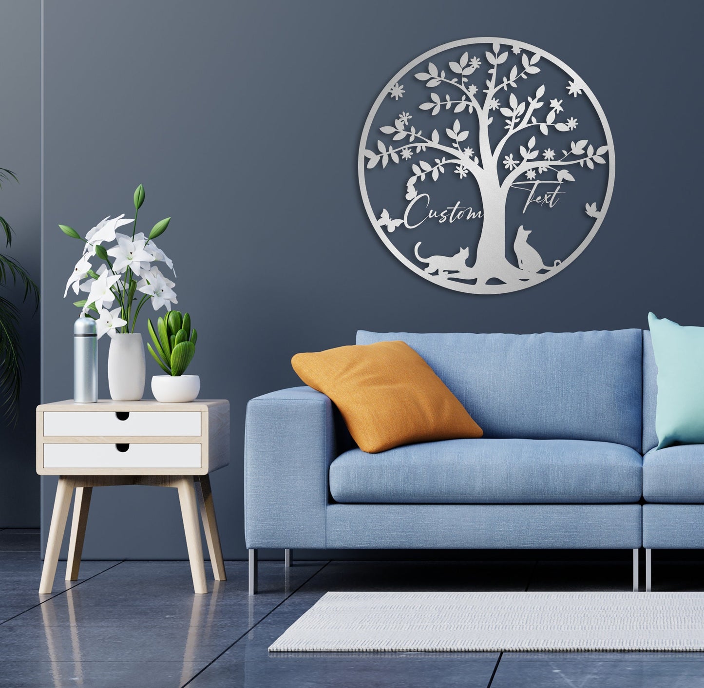 Gold Cat Lover Gift Metal Wall Art , Personalized Cat Owner Housewarming Gift, Custom Family Name and Cat Name Tree of Life Metal Wall Decor