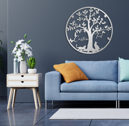 Gold Cat Lover Gift Metal Wall Art , Personalized Cat Owner Housewarming Gift, Custom Family Name and Cat Name Tree of Life Metal Wall Decor
