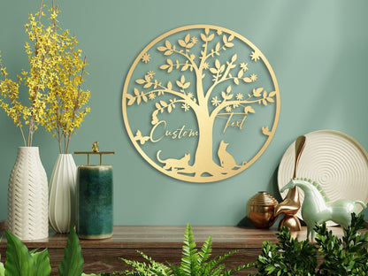Gold Cat Lover Gift Metal Wall Art , Personalized Cat Owner Housewarming Gift, Custom Family Name and Cat Name Tree of Life Metal Wall Decor