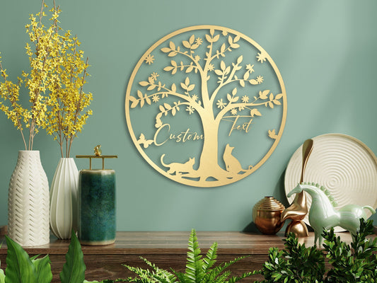 Gold Cat Lover Gift Metal Wall Art , Personalized Cat Owner Housewarming Gift, Custom Family Name and Cat Name Tree of Life Metal Wall Decor