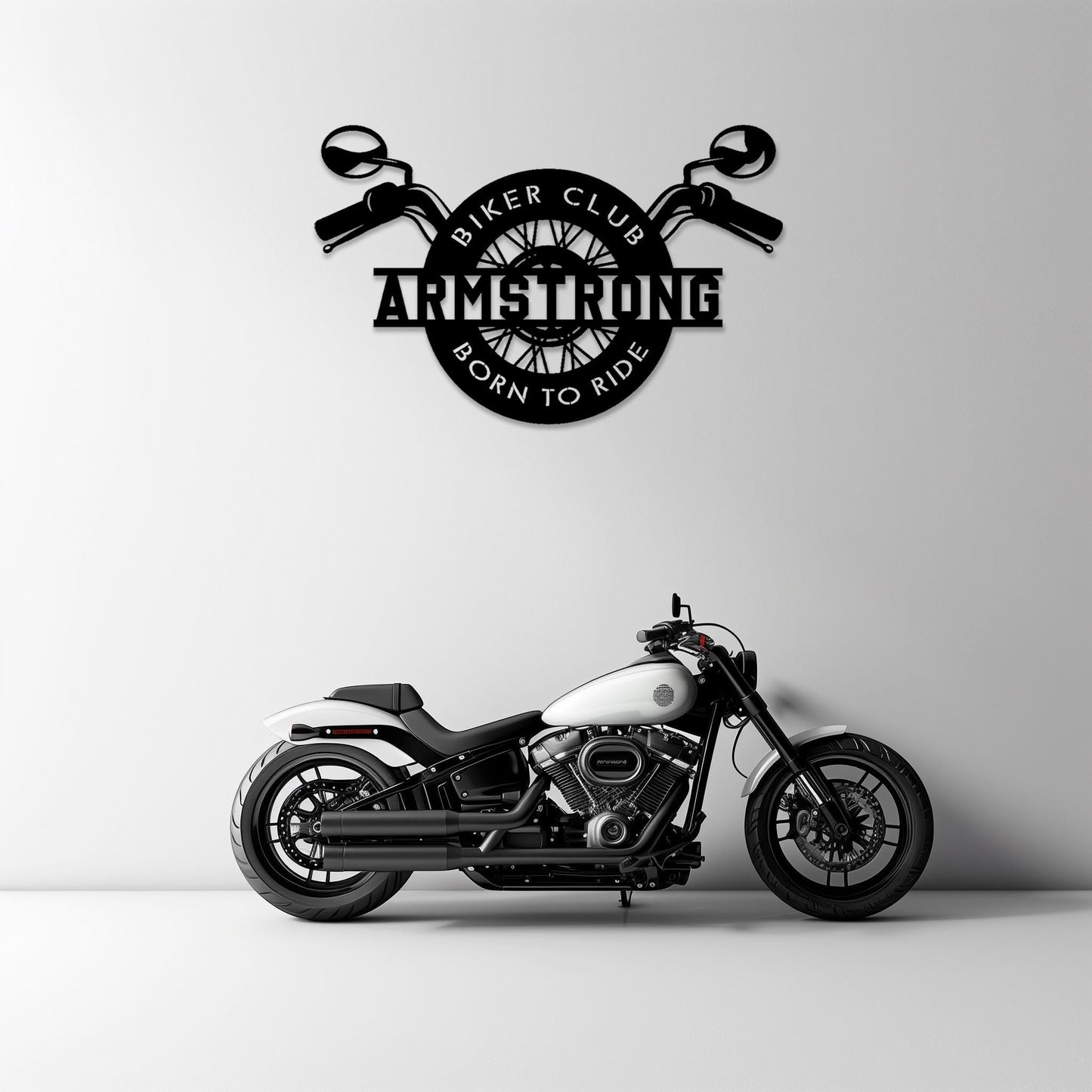 Personalized Motorcycle Metal Wall Art • Custom Biker Name Steel Sign • Garage Wall Decor • Wheel & Handlebars Wall Hanging • Gift For Him