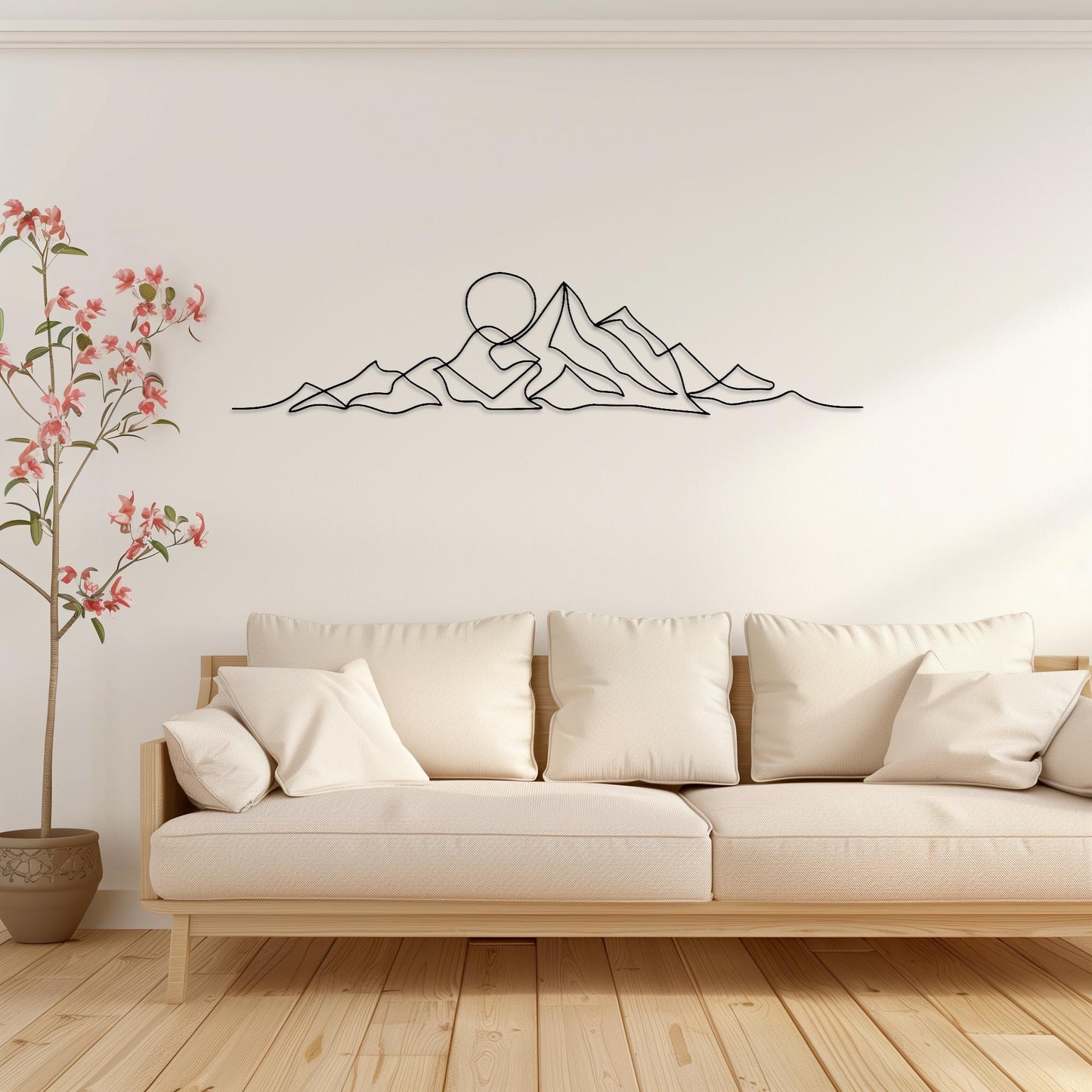 One Line Art Metal Wall Art • Custom Mountain & Sun Steel Sign • Large Living Room Sunset Wall Decor • Indoor Outdoor Sunrise Wall Hanging