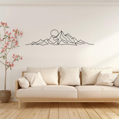 One Line Art Metal Wall Art • Custom Mountain & Sun Steel Sign • Large Living Room Sunset Wall Decor • Indoor Outdoor Sunrise Wall Hanging