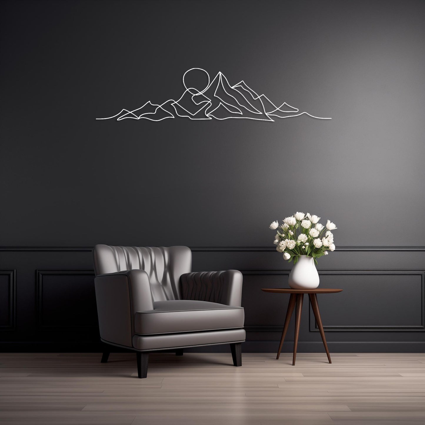 One Line Art Metal Wall Art • Custom Mountain & Sun Steel Sign • Large Living Room Sunset Wall Decor • Indoor Outdoor Sunrise Wall Hanging