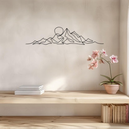 One Line Art Metal Wall Art • Custom Mountain & Sun Steel Sign • Large Living Room Sunset Wall Decor • Indoor Outdoor Sunrise Wall Hanging