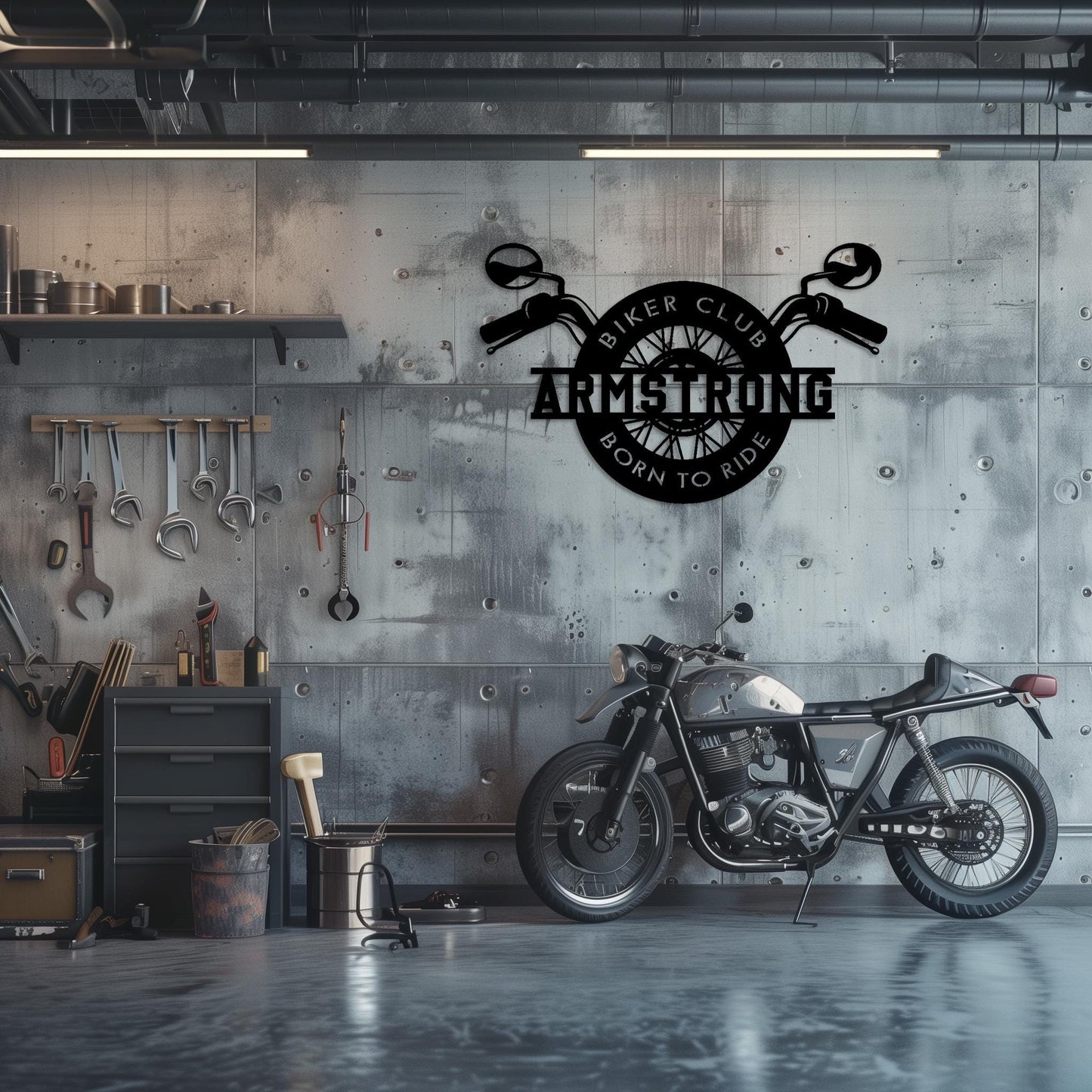 Personalized Motorcycle Metal Wall Art • Custom Biker Name Steel Sign • Garage Wall Decor • Wheel & Handlebars Wall Hanging • Gift For Him