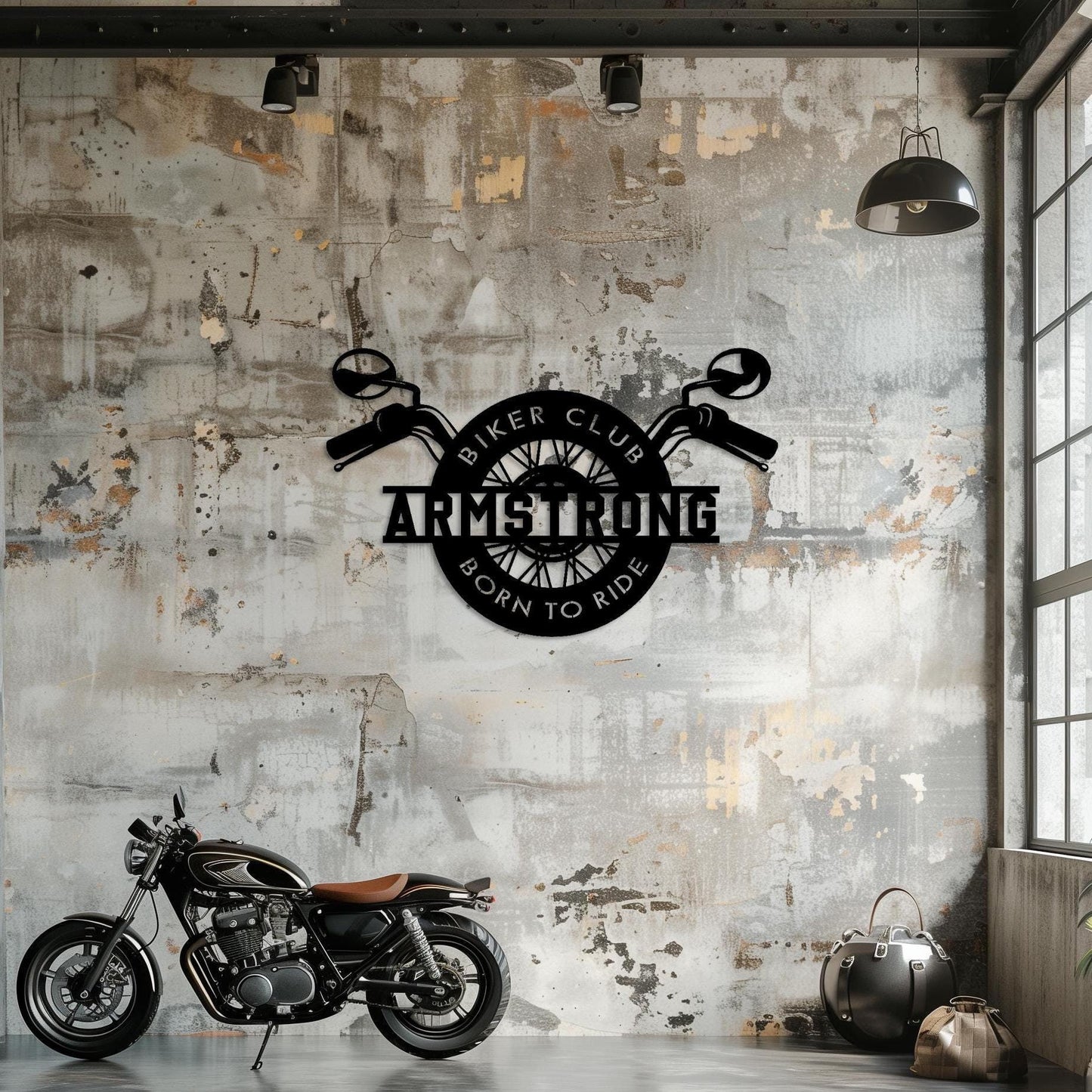 Personalized Motorcycle Metal Wall Art  Custom Biker Name Steel Sign  Garage Wall Decor  Wheel & Handlebars Wall Hanging