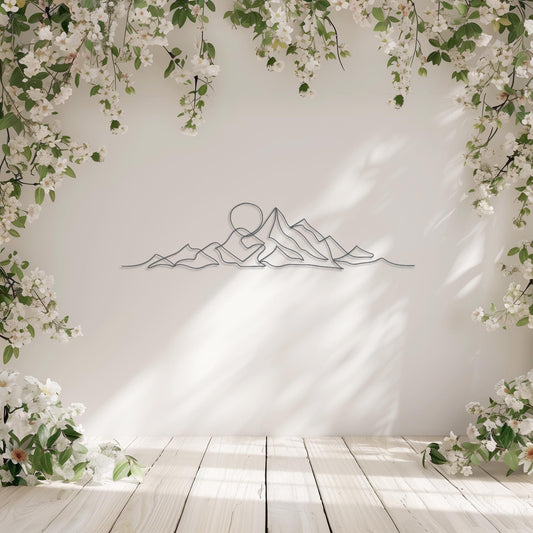 One Line Art Metal Wall Art  Custom Mountain & Sun Steel Sign  Large Living Room Sunset Wall Decor  Indoor Outdoor Sunrise Wall Hanging