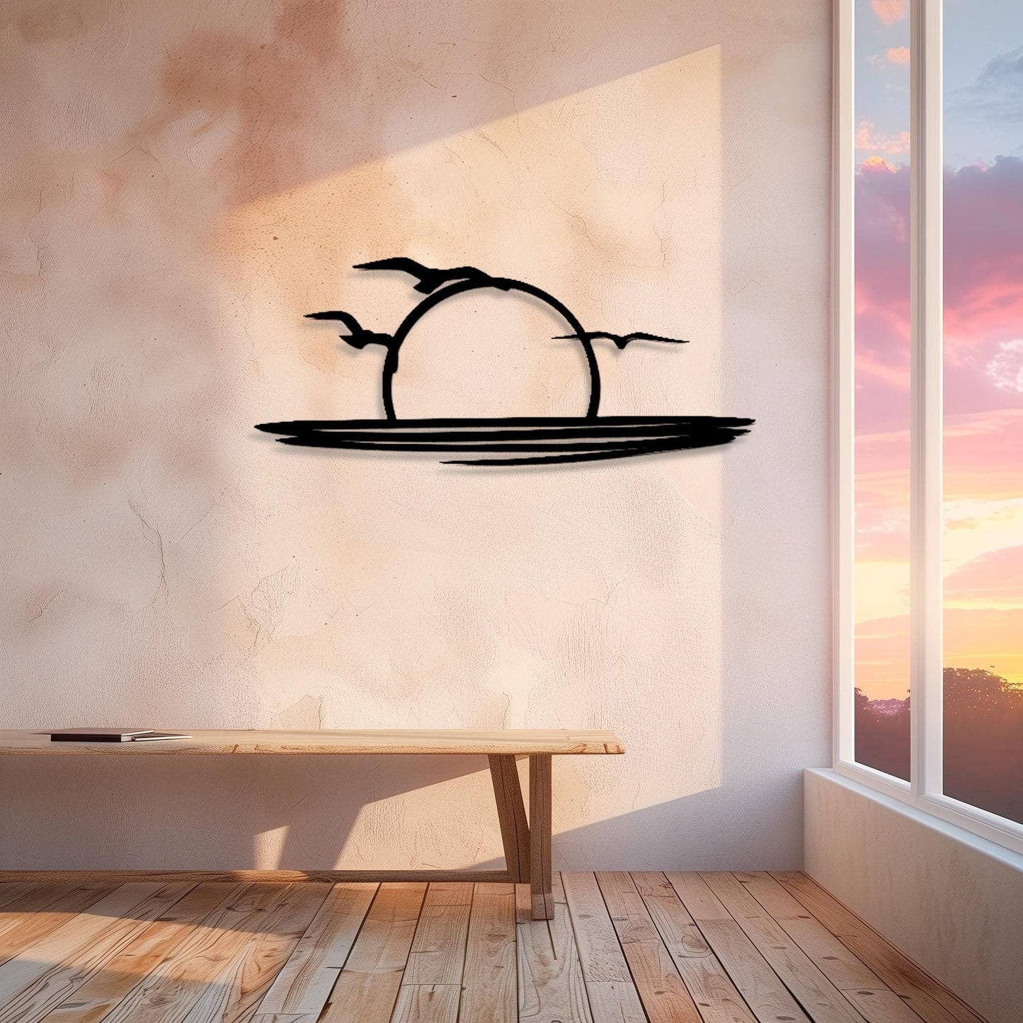 Decorative Sun & Flying Birds Metal Wall Art  Sun Sculpture Steel Sign  Sunrise Wall Hanging  Modern Minimalist One Line Art Sunset Decor