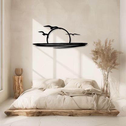 Decorative Sun & Flying Birds Metal Wall Art  Sun Sculpture Steel Sign  Sunrise Wall Hanging  Modern Minimalist One Line Art Sunset Decor