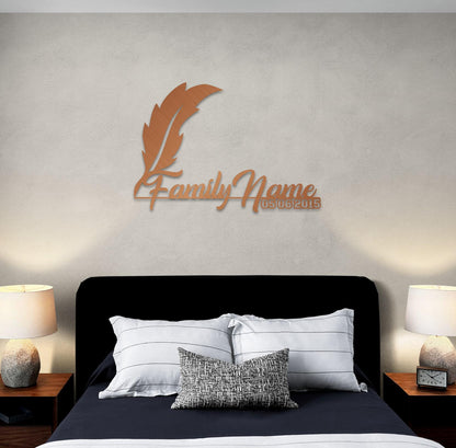 Personalized Metal Family Name with Feather Pen Design, Large Metal Wall Art,  Customized Home Decoration, Wedding, New Home,