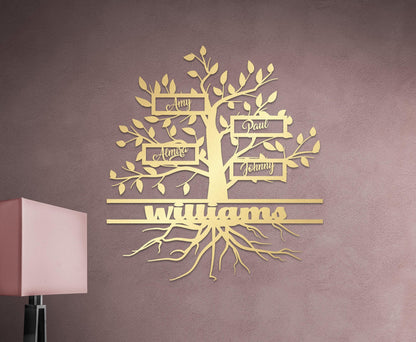 Gold Metal Family Tree Name Sign, Large Metal Wall Art,  Customized Home Decoration,  Wedding Gift, Personalized Unique Gifts