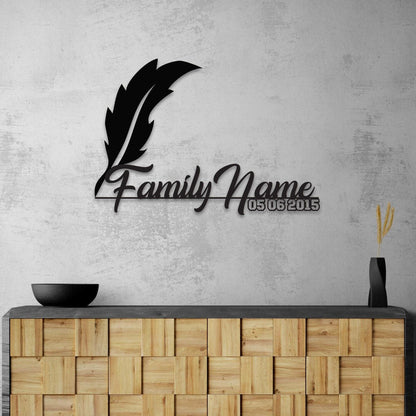 Personalized Metal Family Name with Feather Pen Design, Large Metal Wall Art,  Customized Home Decoration, Wedding, New Home,