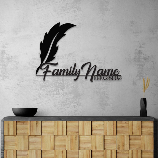 Personalized Metal Family Name with Feather Pen Design, Large Metal Wall Art,  Customized Home Decoration, Wedding, New Home,