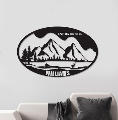 Deers and Mountain Metal Family Name Sign - Custom Metal Wall Art, Unique Home Decor, PWedding Gift for Couples, Rustic and Nature-Inspired