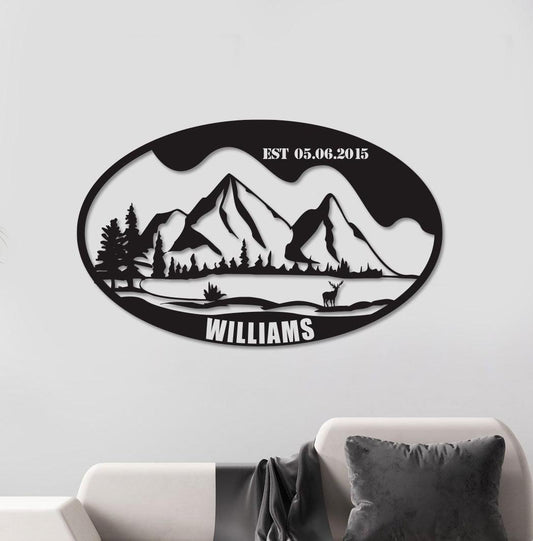 Deers and Mountain Metal Family Name Sign - Custom Metal Wall Art, Unique Home Decor, PWedding Gift for Couples, Rustic and Nature-Inspired
