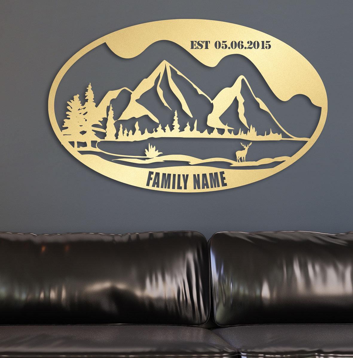 Deers and Mountain Metal Family Name Sign - Custom Metal Wall Art, Unique Home Decor, PWedding Gift for Couples, Rustic and Nature-Inspired