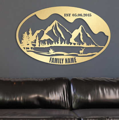 Deers and Mountain Metal Family Name Sign - Custom Metal Wall Art, Unique Home Decor, PWedding Gift for Couples, Rustic and Nature-Inspired