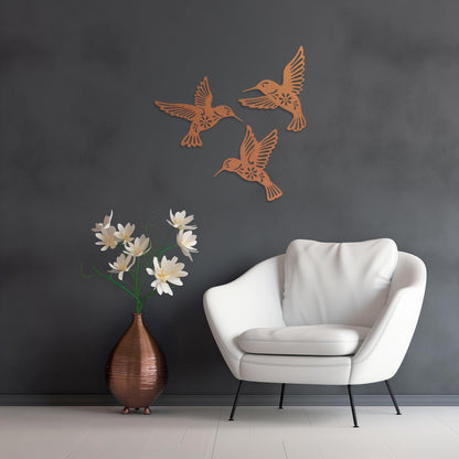 Set Of 3 Hummingbirds Steel Wall Art  Flock Of Birds Decor  Decorative Metal Sign  Wall Hanging Sculpture  Indoor & Outdoor Decoration