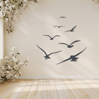Set Of 7 Flying Birds Steel Wall Art • Flock Of Birds Decor • Decorative Metal Sign • Wall Hanging Sculpture • Indoor & Outdoor Decoration