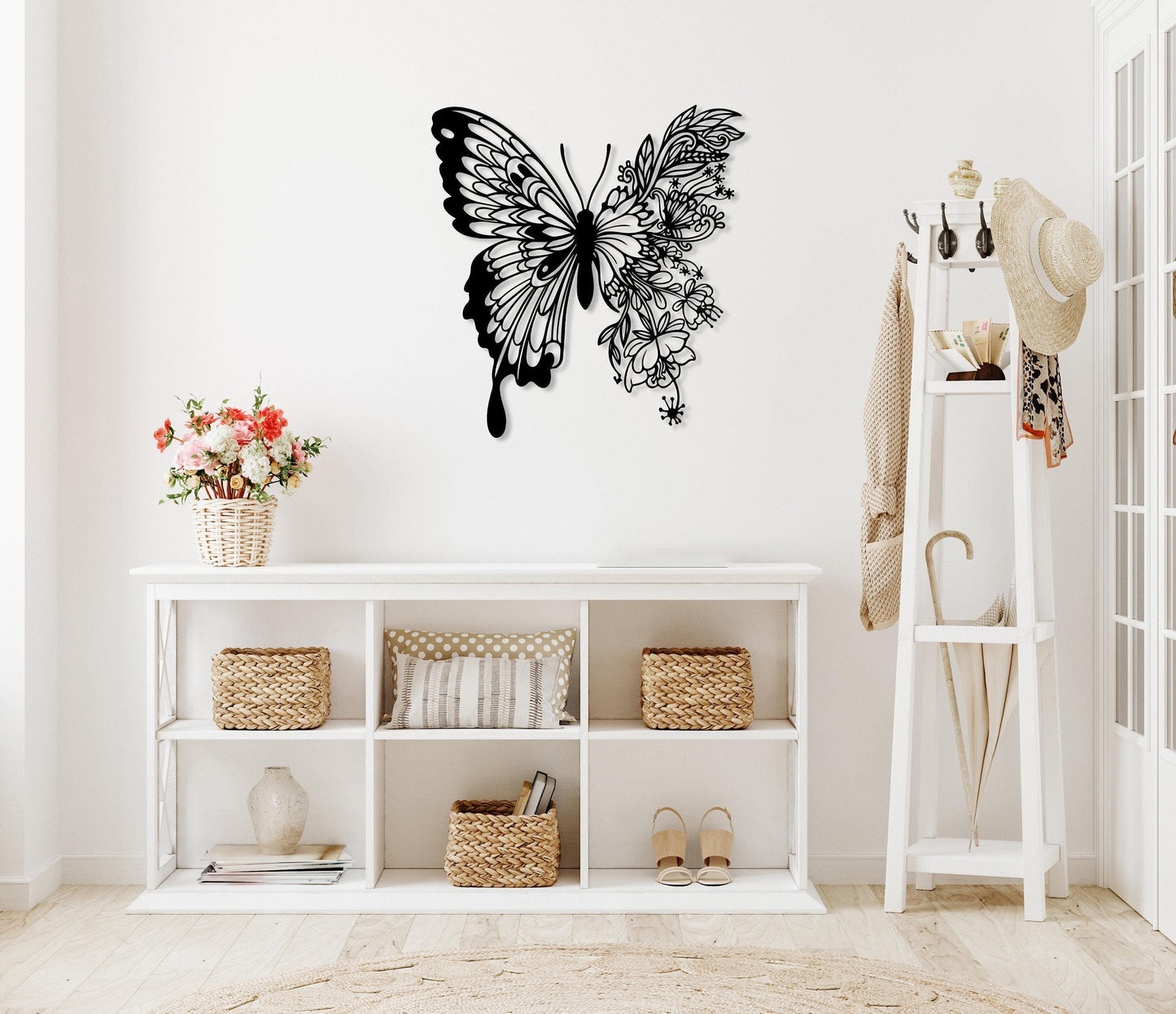 Flower Butterfly Metal Wall Decor, Butterfly Home Decor, Animal Metal Wall Art, Nature Sculpture for Livingroom, Office, Bedroom, Kitchen