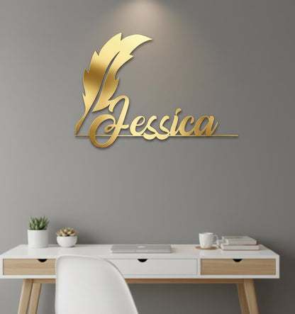 Family Name Sign Metal Wall Art: Custom Feather Pen Theme, Durable Steel (Multiple Sizes, Indoor or Outdoor Display)