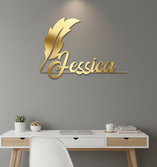 Family Name Sign Metal Wall Art: Custom Feather Pen Theme, Durable Steel (Multiple Sizes, Indoor or Outdoor Display)