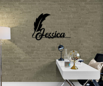 Family Name Sign Metal Wall Art: Custom Feather Pen Theme, Durable Steel (Multiple Sizes, Indoor or Outdoor Display)