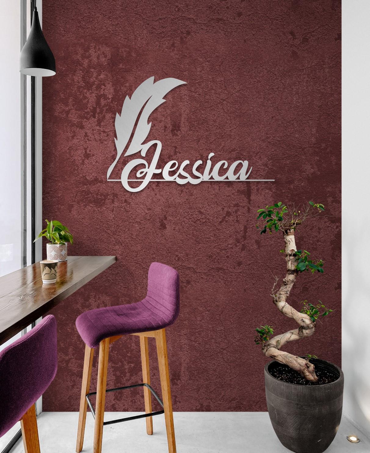 Family Name Sign Metal Wall Art: Custom Feather Pen Theme, Durable Steel (Multiple Sizes, Indoor or Outdoor Display)