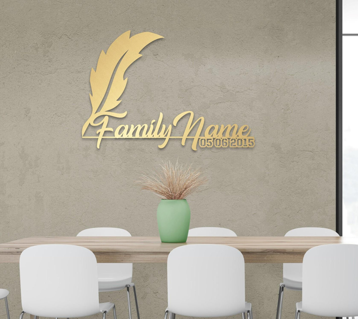 Family Name Sign Metal Wall Art: Custom Feather Pen Theme, Durable Steel (Multiple Sizes, Indoor or Outdoor Display)