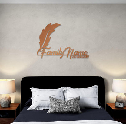 Family Name Sign Metal Wall Art: Custom Feather Pen Theme, Durable Steel (Multiple Sizes, Indoor or Outdoor Display)