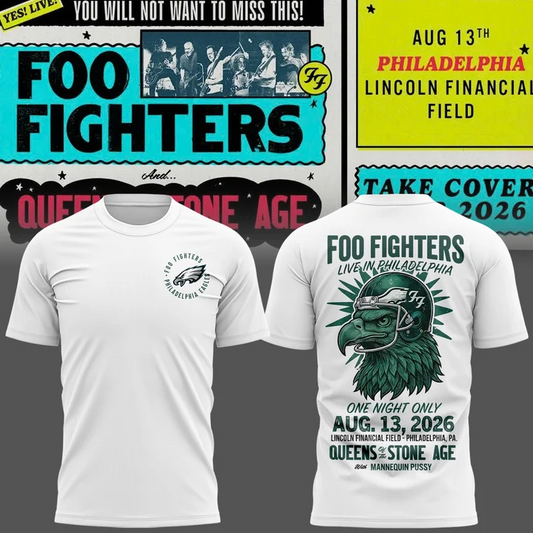 01.06. New White Shirt Foo Fighters x Philadelphia Eagles - Take Cover Tour 2026 T-Shirt