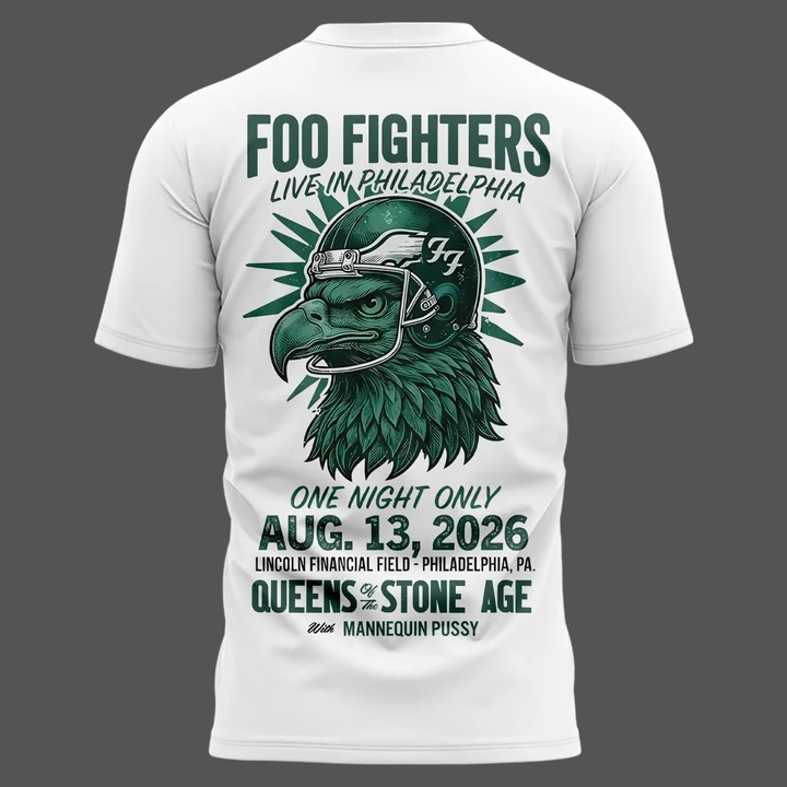 01.06. New White Shirt Foo Fighters x Philadelphia Eagles - Take Cover Tour 2026 T-Shirt