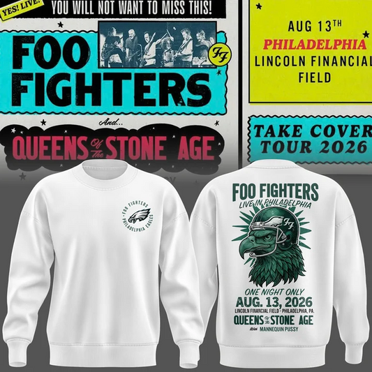 02.47. New White Sweatshirt Foo Fighters x Philadelphia Eagles - Take Cover Tour 2026 Sweatshirt