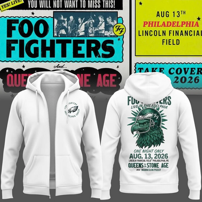 02.48. New White Zip Hoodie Foo Fighters x Philadelphia Eagles - Take Cover Tour 2026 Zip Hoodie